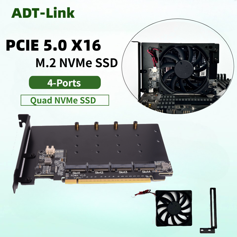 Quad M.2 Nvme Pcie Bifurcation Card - بطاقة تقسيم R34A PCIe 5.0 x16